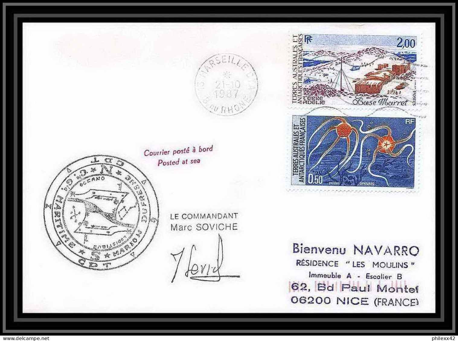 1541 Marion Dufresne 21/10/1987 Signé Signed TAAF Antarctic Terres Australes Lettre (cover) - Covers & Documents