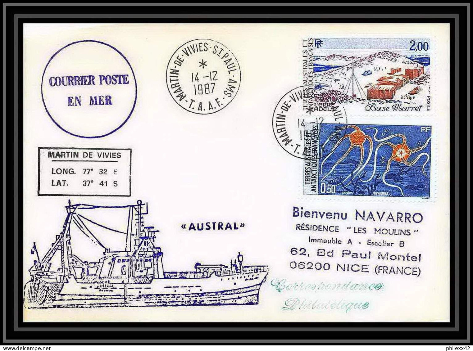 1536 Navire Austral 14/12/1984 TAAF Antarctic Terres Australes Lettre (cover) - Spedizioni Antartiche