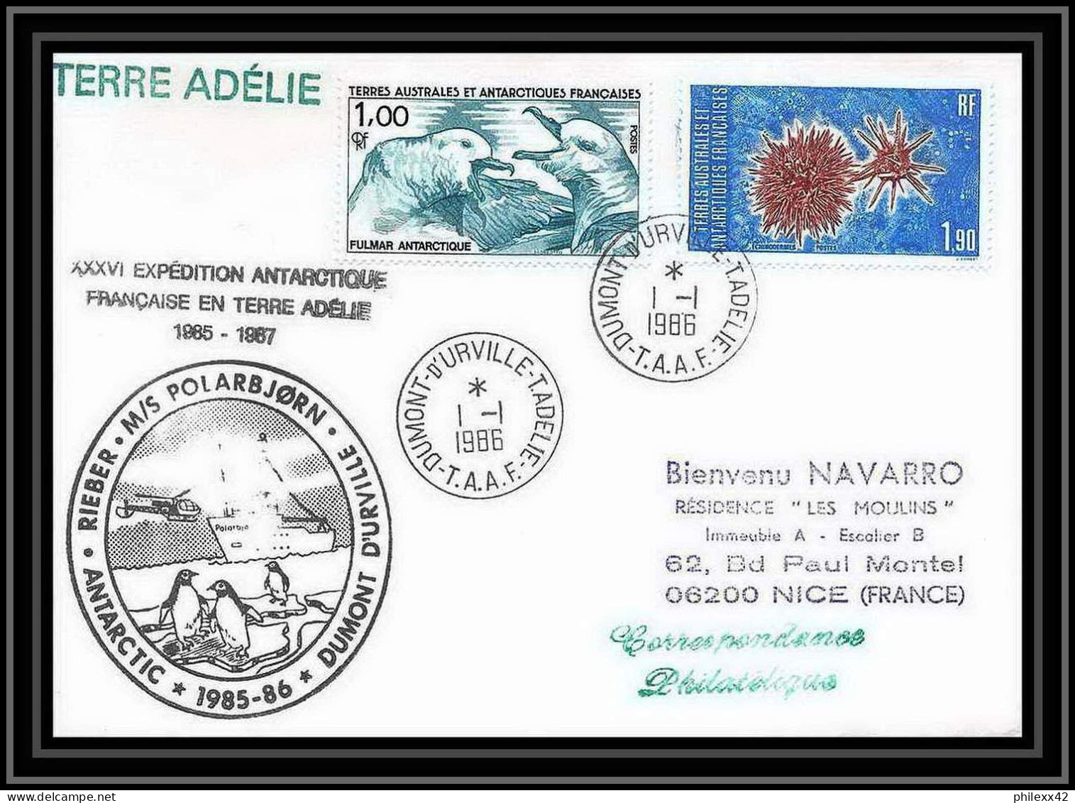 1530 36 ème Expédition En Terre Adélie Polarbjorn 1/1/1986 TAAF Antarctic Terres Australes Lettre (cover) - Expediciones Antárticas