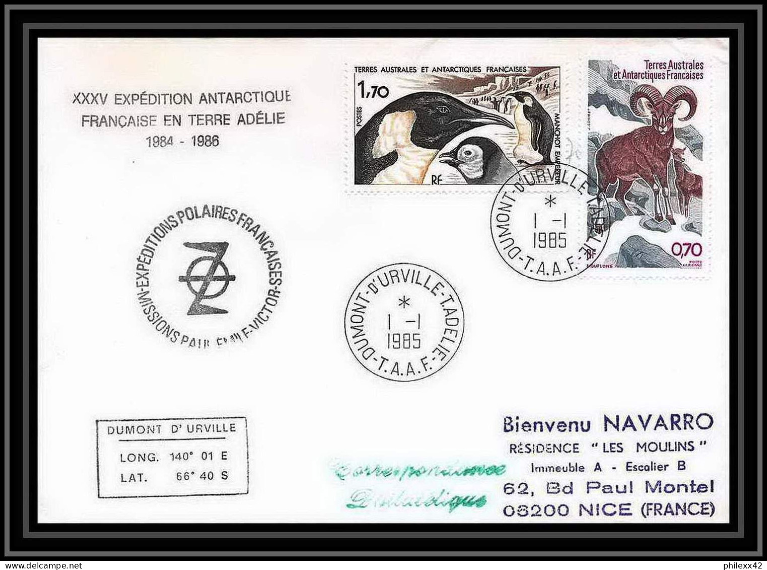 1511 35 ème Expédition En Terre Adélie 1/1/1985 Dumont D'urville TAAF Antarctic Terres Australes Lettre (cover) - Antarktis-Expeditionen