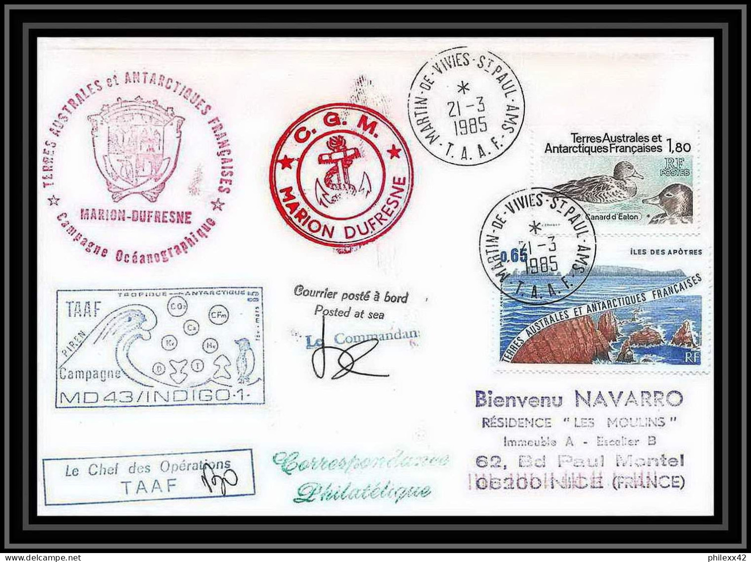 1519 Campagne Md 43 Indigo 1 21/3/1985 Signé Signed Marion Dufresne TAAF Antarctic Terres Australes Lettre (cover) - Spedizioni Antartiche