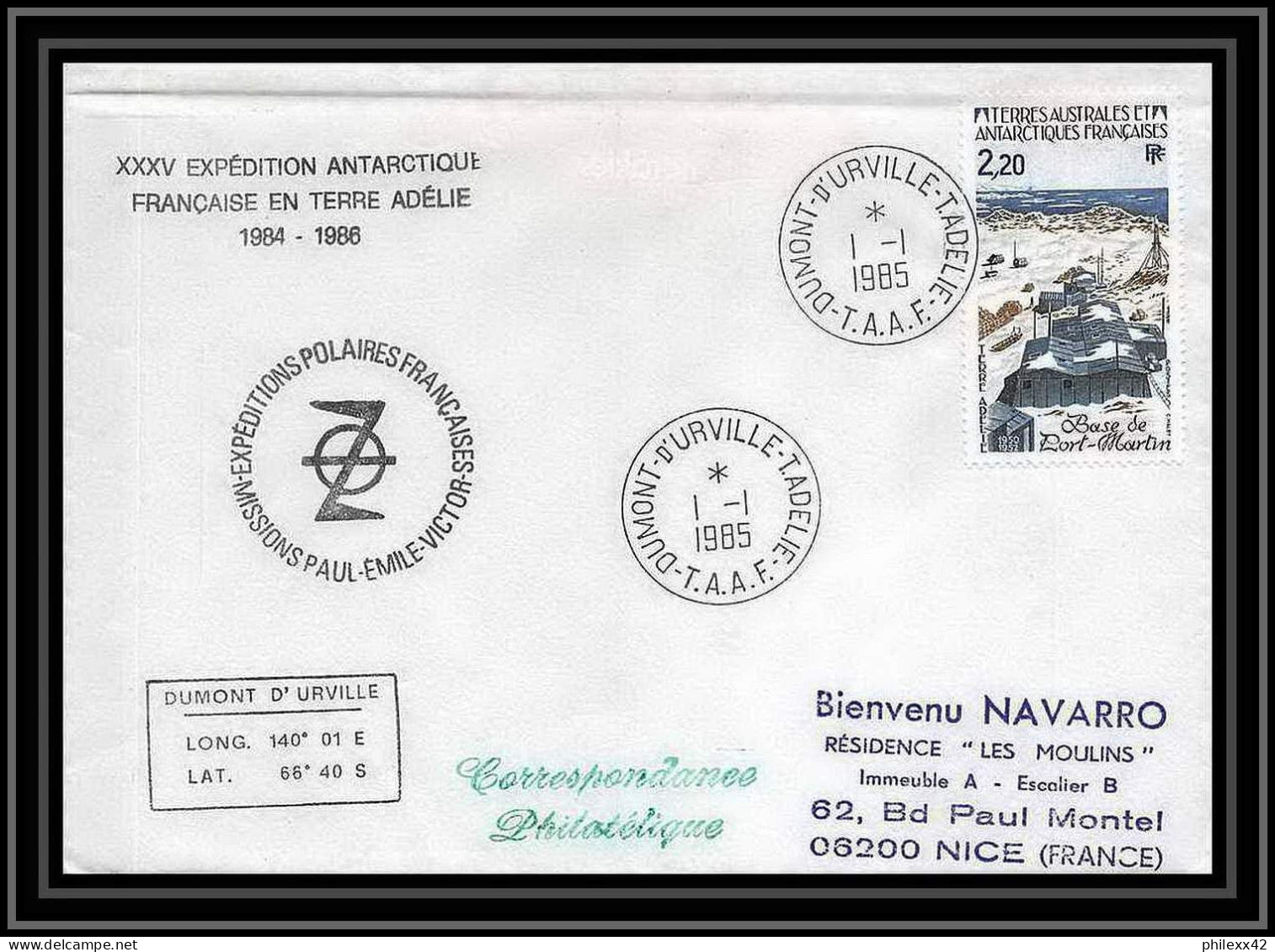 1506 35 ème Expédition En Terre Adélie 1/1/1985 Dumont D'urville TAAF Antarctic Terres Australes Lettre (cover) - Spedizioni Antartiche