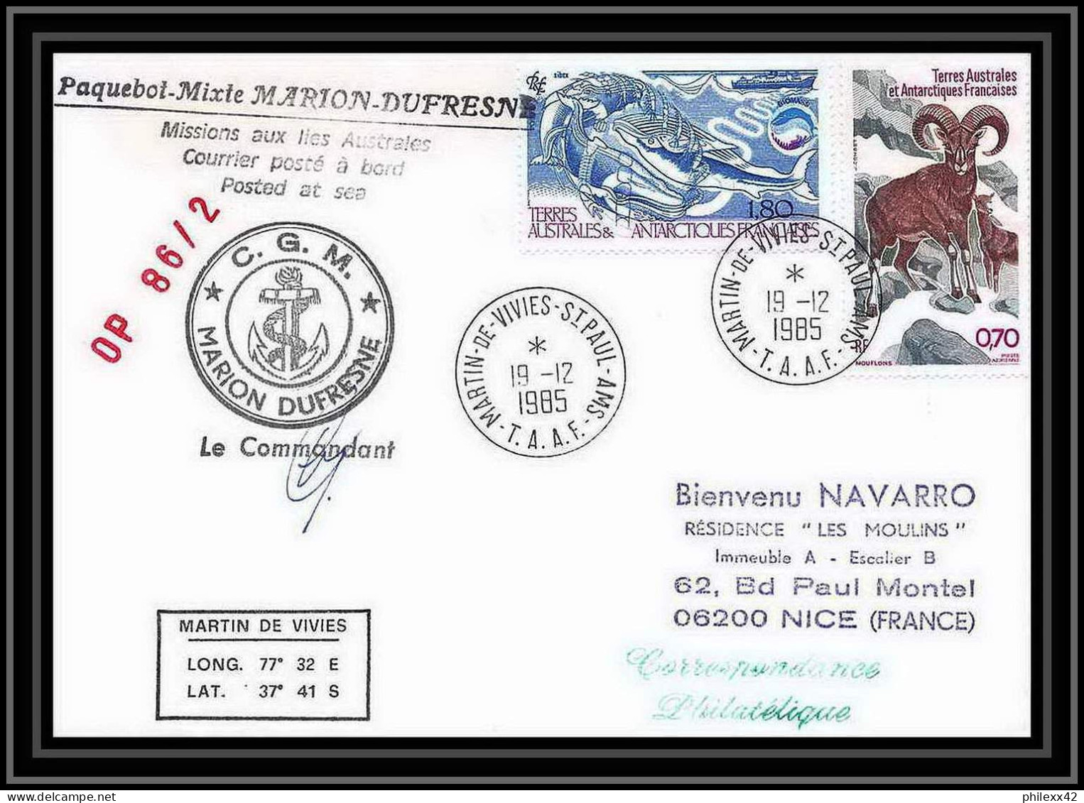 1497 Marion Dufresne Op 86/2 Signé Signed 19/12/1985 TAAF Antarctic Terres Australes Lettre (cover) - Spedizioni Antartiche