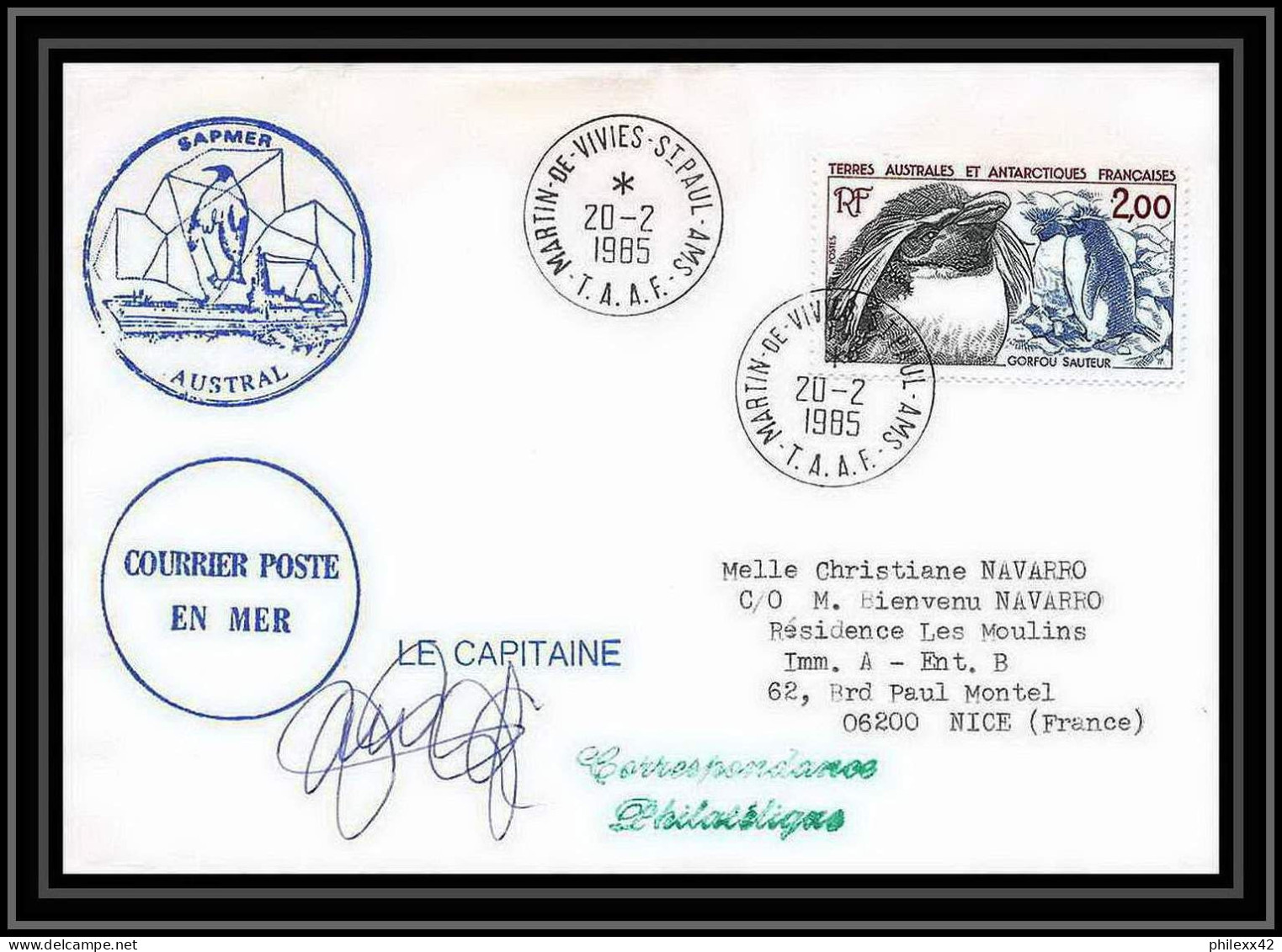 1494 Navire De Peche Austral 20/2/1985 Signé Signed TAAF Antarctic Terres Australes Lettre (cover) - Expediciones Antárticas