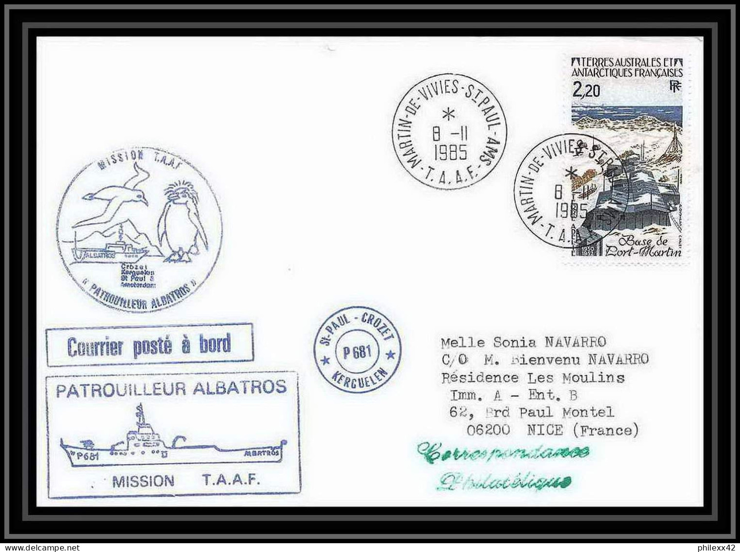 1484 Patrouilleur Albatros 8/11/1985 TAAF Antarctic Terres Australes Lettre (cover) - Covers & Documents