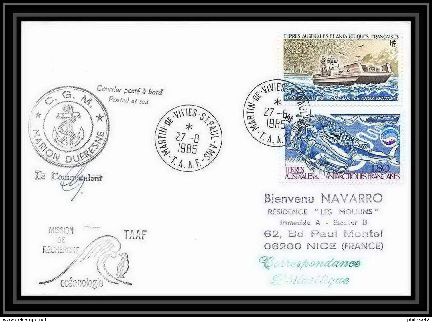 1475 Mission De Recherche Océanologie 27/8/1985 Signé Signed TAAF Antarctic Terres Australes Lettre (cover) - Expediciones Antárticas