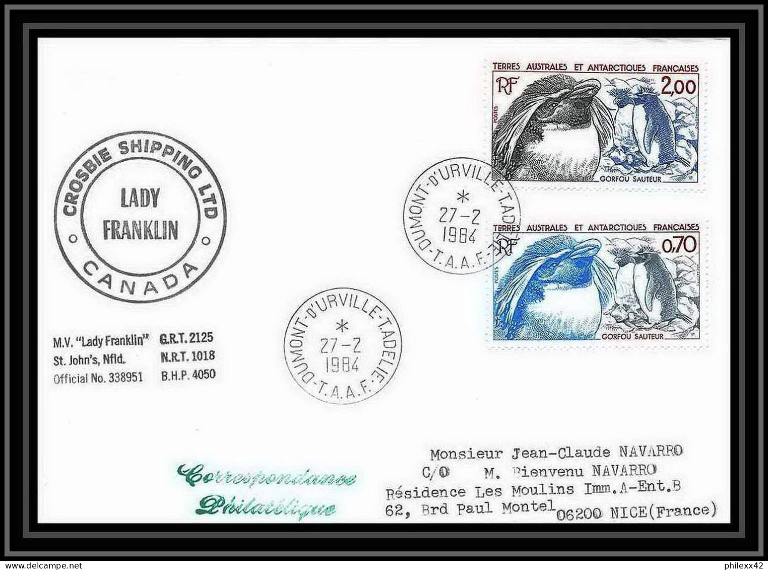 1464 Dumont D'urville 27/2/1984 TAAF Antarctic Terres Australes Lettre (cover) - Antarctische Expedities