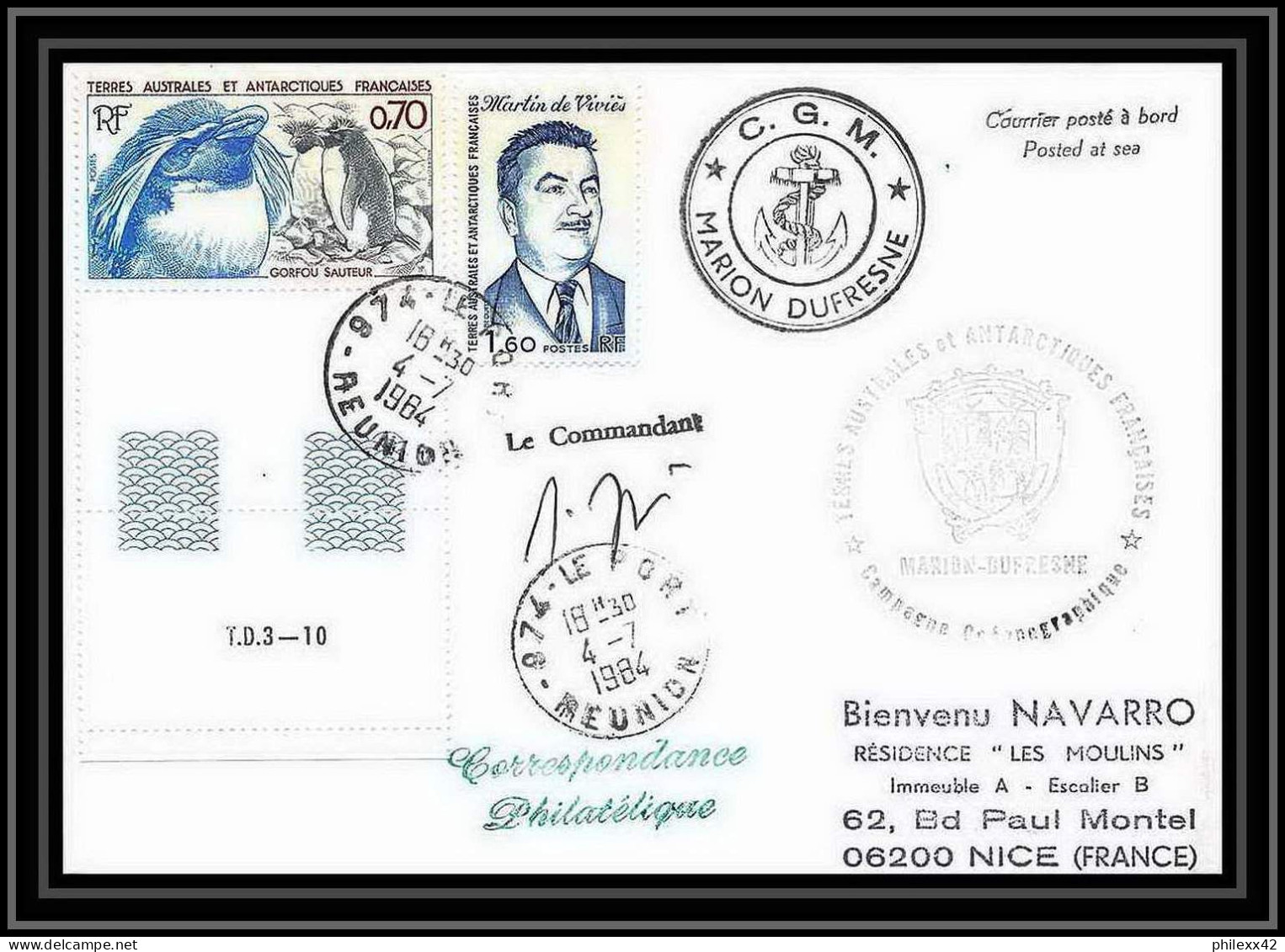 1456 Campagne Md 40 Macamo Marion Dufresne 4/7/1984 Signé Signed TAAF Antarctic Terres Australes Lettre (cover) - Spedizioni Antartiche