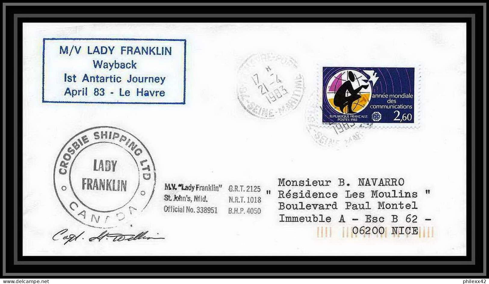 1435 Lady Franklin Wayback Canada 21/4/1983 TAAF Antarctic Terres Australes Lettre (cover) Signé Capitain Signed - Spedizioni Antartiche