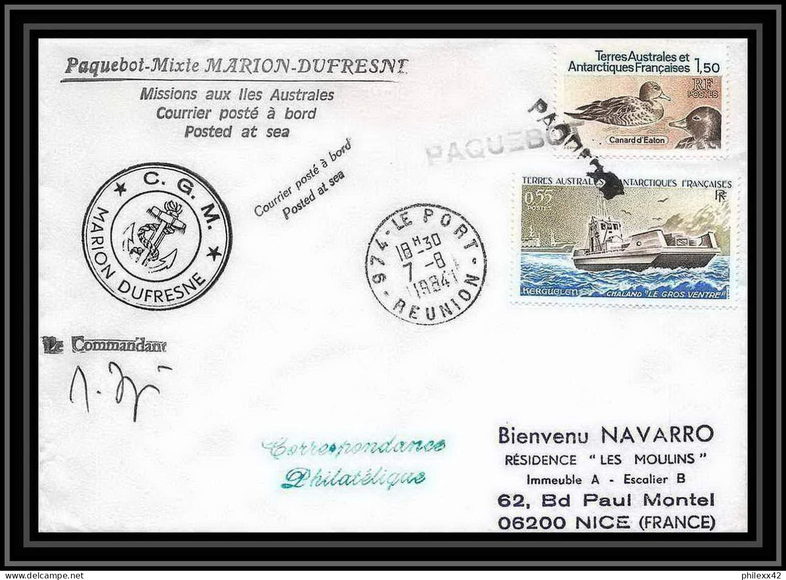 1441 Marion Dufresne 7/8/1984 Obl Paquebot Signé Signed TAAF Antarctic Terres Australes Lettre (cover) - Expediciones Antárticas