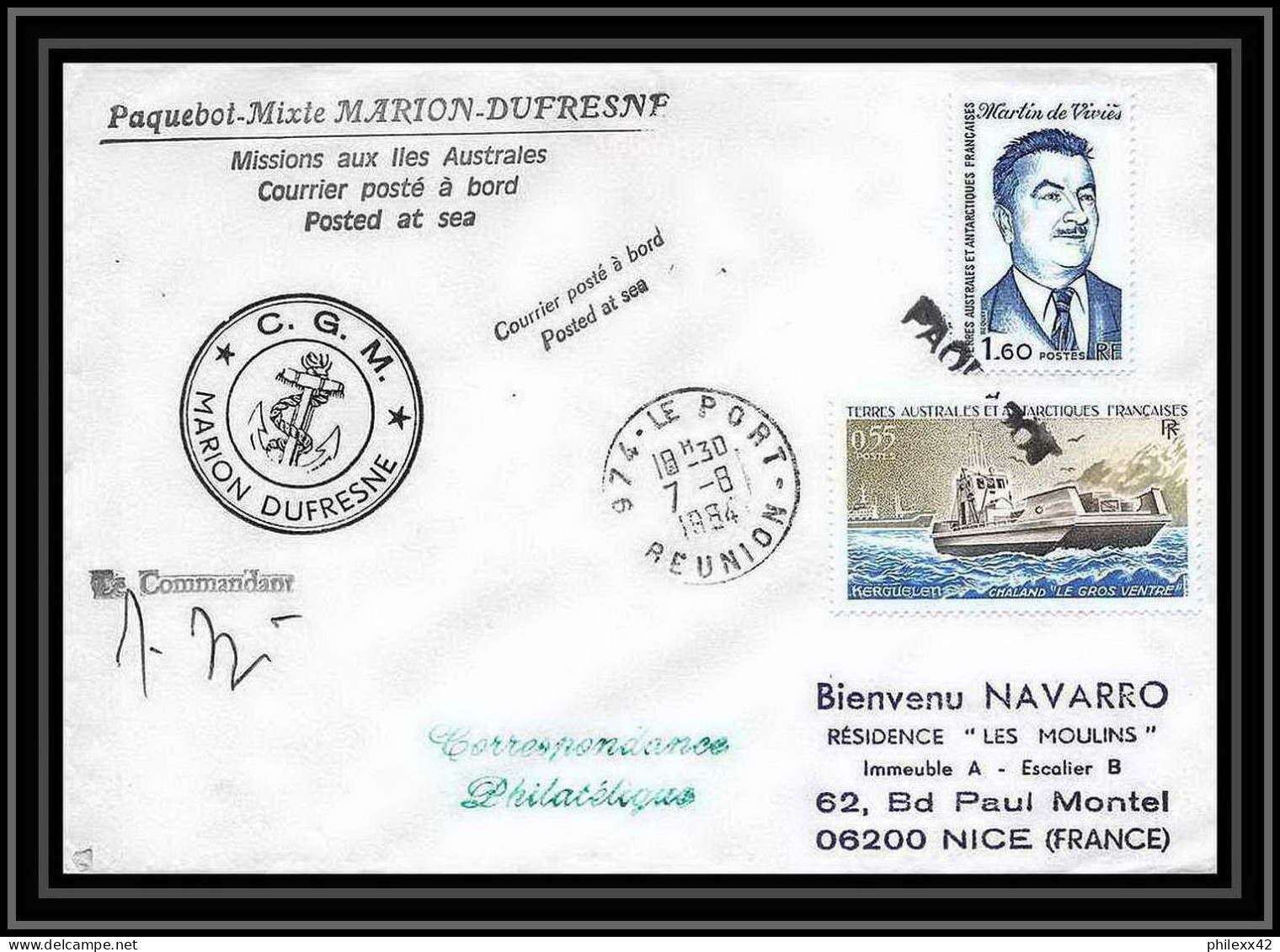 1439 Marion Dufresne 7/8/1984 Obl Paquebot Signé Signed TAAF Antarctic Terres Australes Lettre (cover) - Expediciones Antárticas