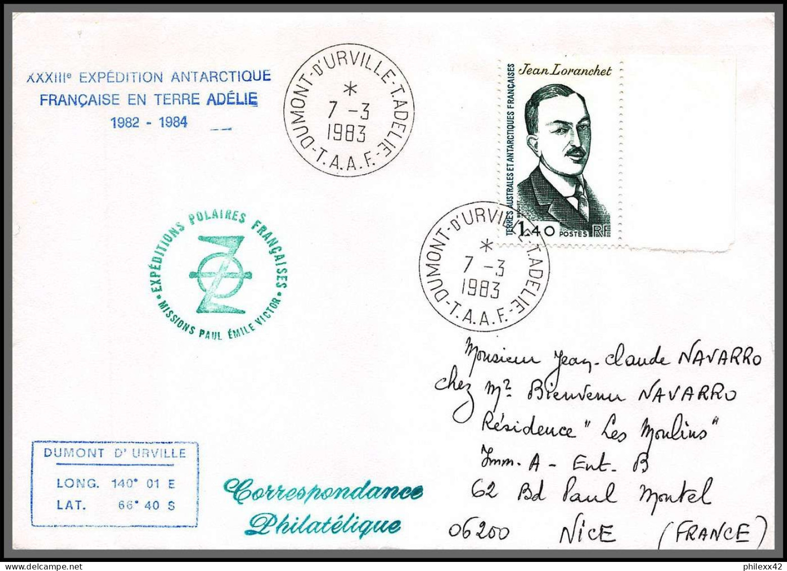 1413 33 ème Expédition Terre Adelie Dumont D'urville 7/3/1983 TAAF Antarctic Terres Australes Lettre (cover) - Antarctic Expeditions