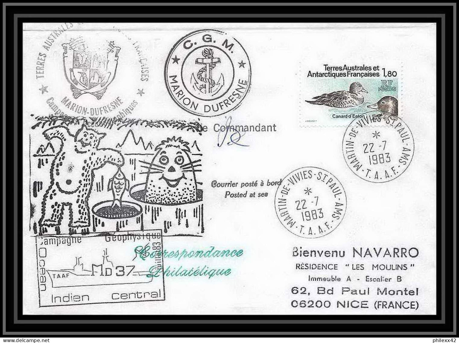 1420 Marion Dufresne Md 37 Signé Signed 22/7/1983 TAAF Antarctic Terres Australes Lettre (cover) - Antarctische Expedities