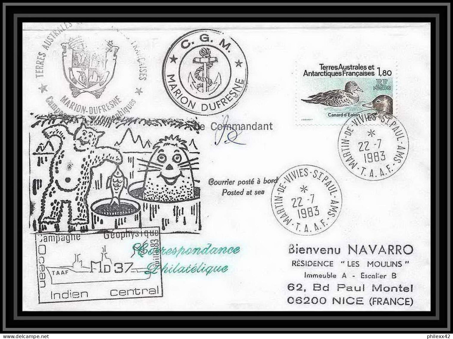 1420 Marion Dufresne Md 37 Signé Signed 22/7/1983 TAAF Antarctic Terres Australes Lettre (cover) - Expéditions Antarctiques