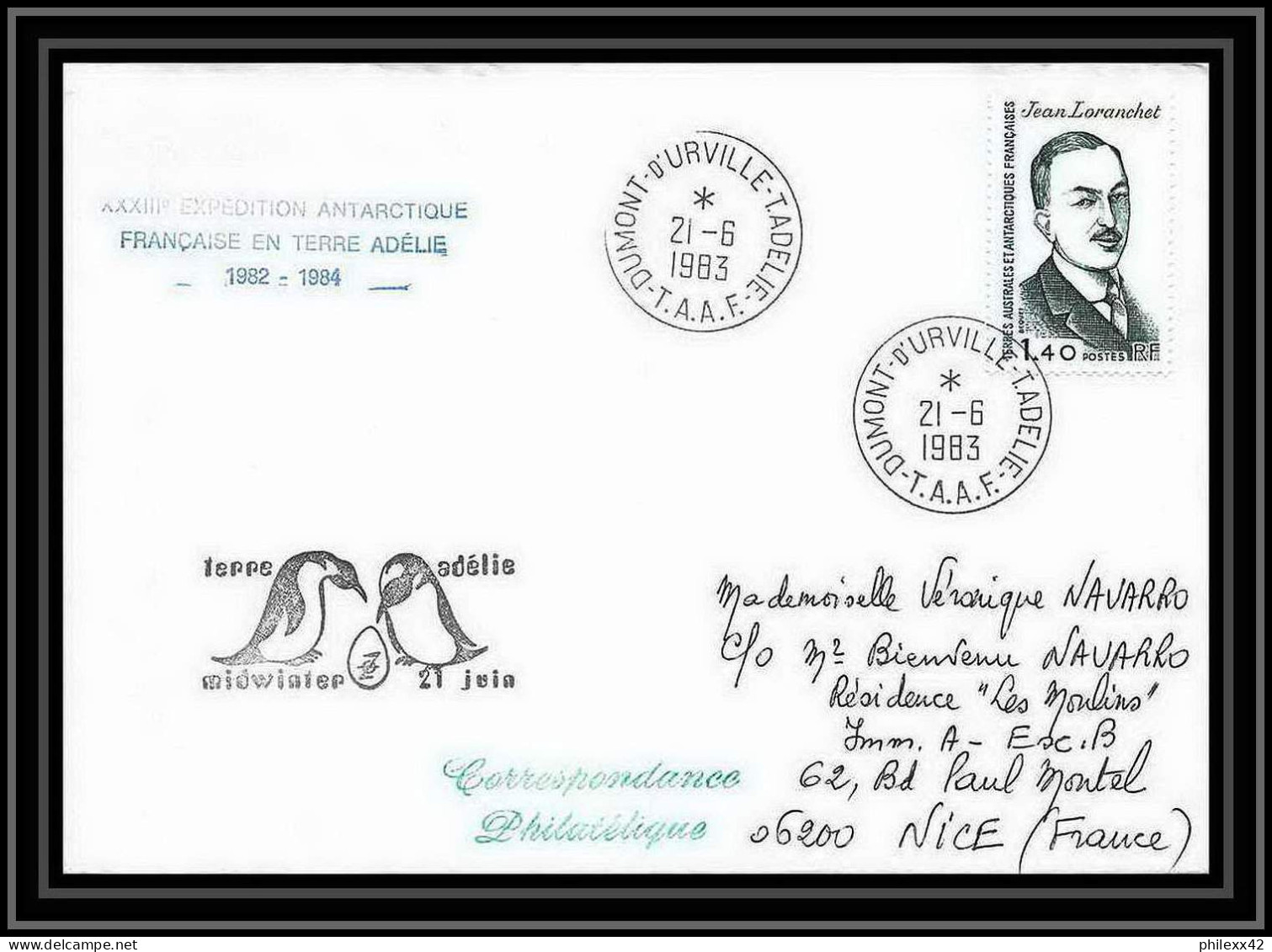 1410 Terre Adelie Mid Winter 21/6/1983 TAAF Antarctic Terres Australes Lettre (cover) - Antarctische Expedities