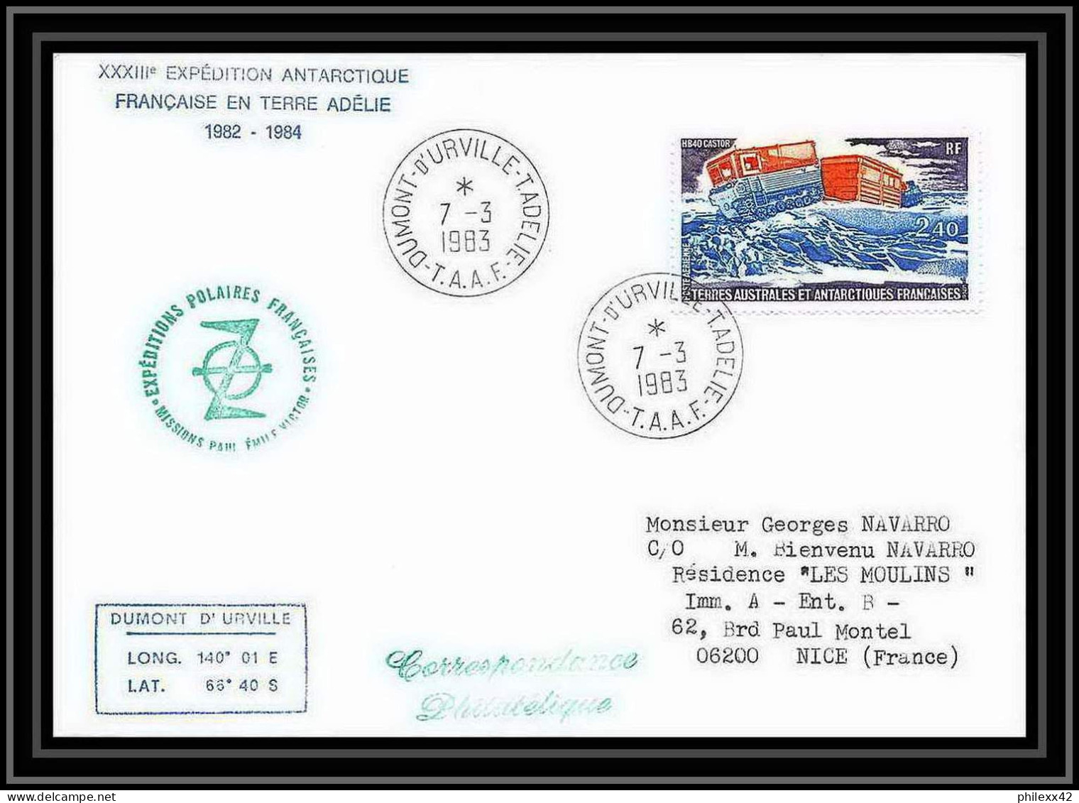 1411 33 ème Expédition Terre Adelie Dumont D'urville 7/3/1983 TAAF Antarctic Terres Australes Lettre (cover) - Antarktis-Expeditionen