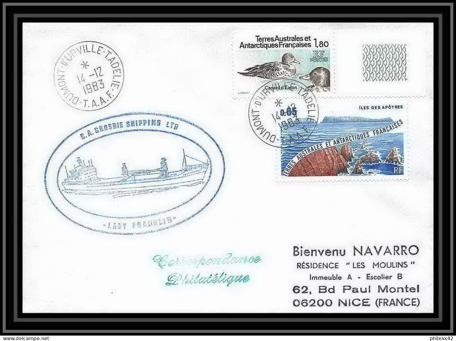 1403 Lady Franklin Crosbie Shipping 14/12/1983 TAAF Antarctic Terres Australes Lettre (cover) - Expediciones Antárticas