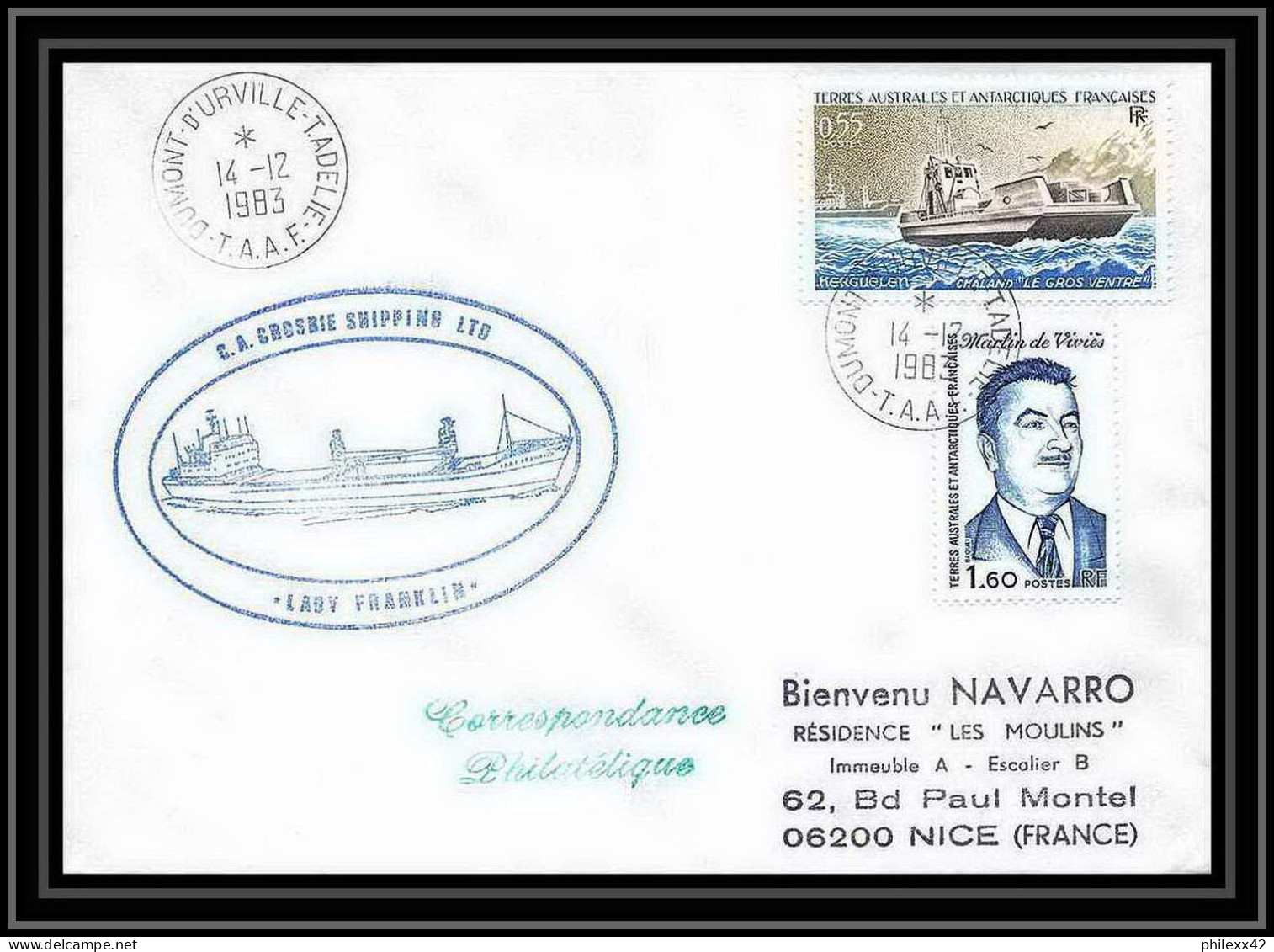 1406 Lady Franklin Crosbie Shipping 14/12/1983 TAAF Antarctic Terres Australes Lettre (cover) - Antarctic Expeditions