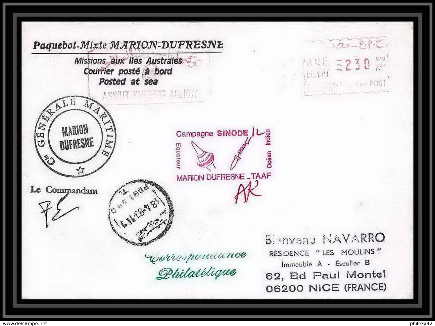 1394 Campagne Sinode 12 Signé Signed Marion Dufresne 18/4/1983 Egypt TAAF Antarctic Terres Australes Lettre (cover) - Expéditions Antarctiques