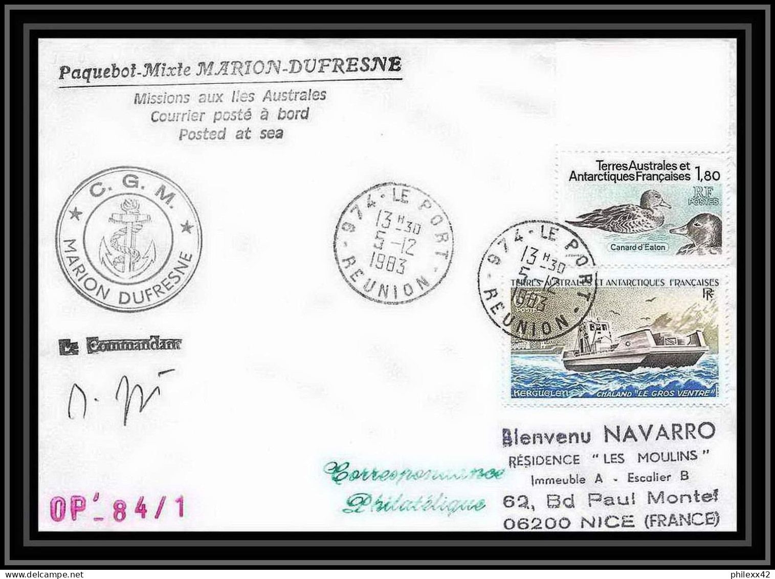 1365 Marion Dufresne Signé Signed Opération 84/1 5/12/1983 TAAF Antarctic Terres Australes Lettre (cover) - Antarctic Expeditions