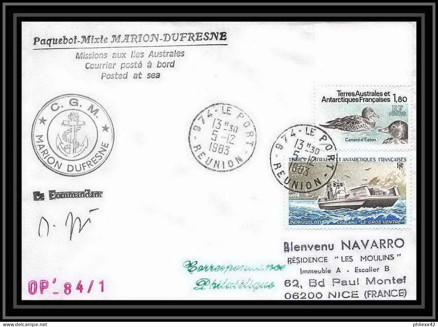 1365 Marion Dufresne Signé Signed Opération 84/1 5/12/1983 TAAF Antarctic Terres Australes Lettre (cover) - Spedizioni Antartiche