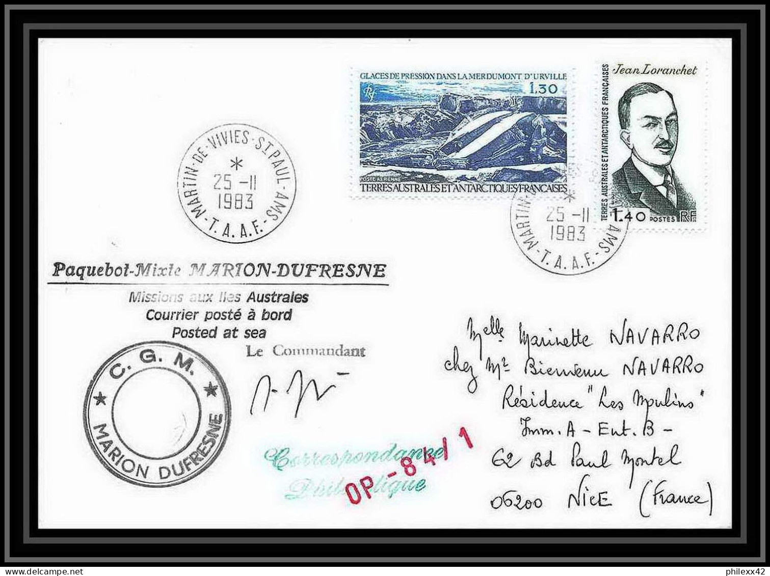 1368 Marion Dufresne Signé Signed Opération 84/1 25/11/1983 TAAF Antarctic Terres Australes Lettre (cover) - Antarctische Expedities