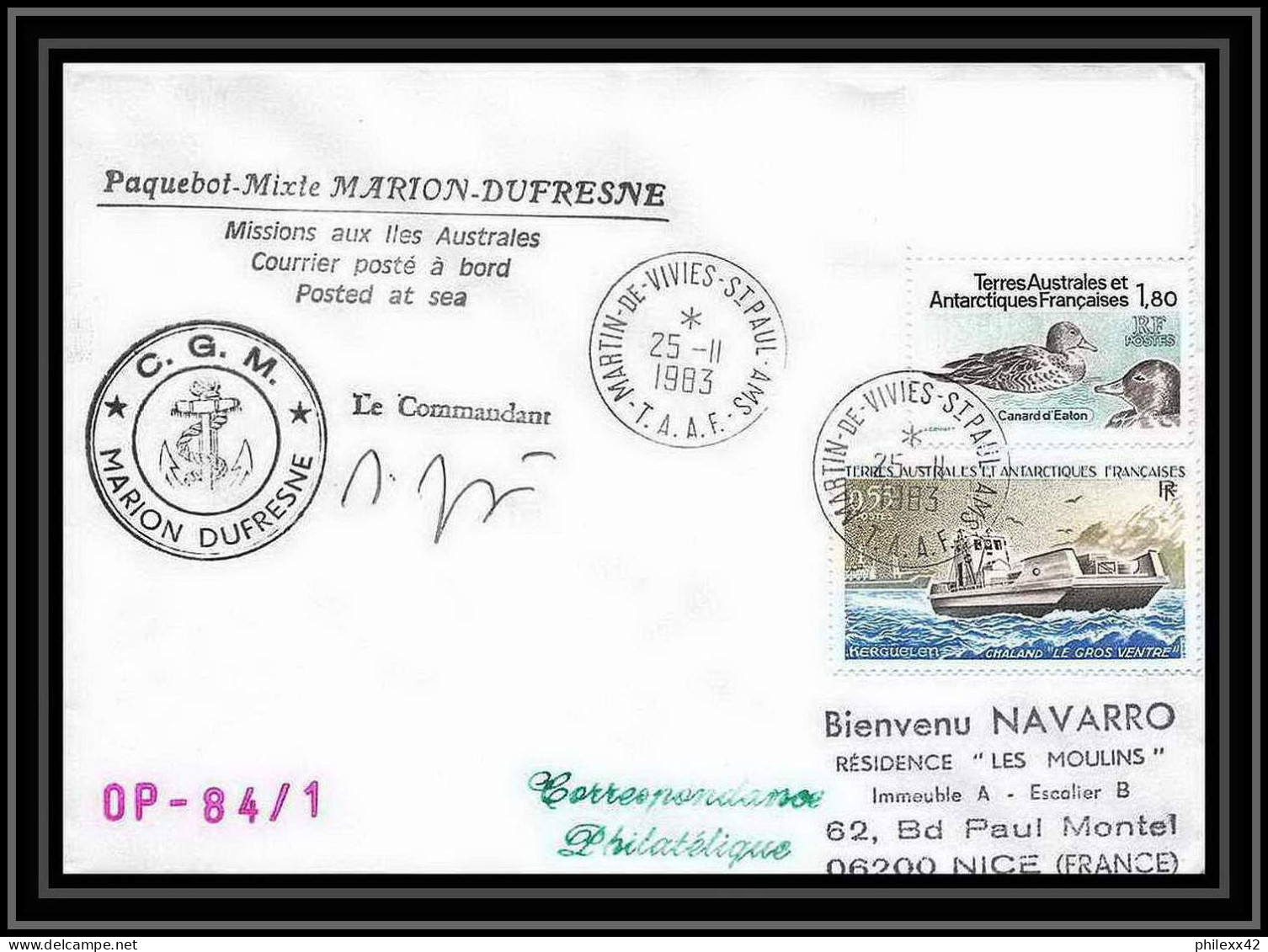 1364 Marion Dufresne Signé Signed Opération 84/1 25/11/1983 TAAF Antarctic Terres Australes Lettre (cover) - Expéditions Antarctiques