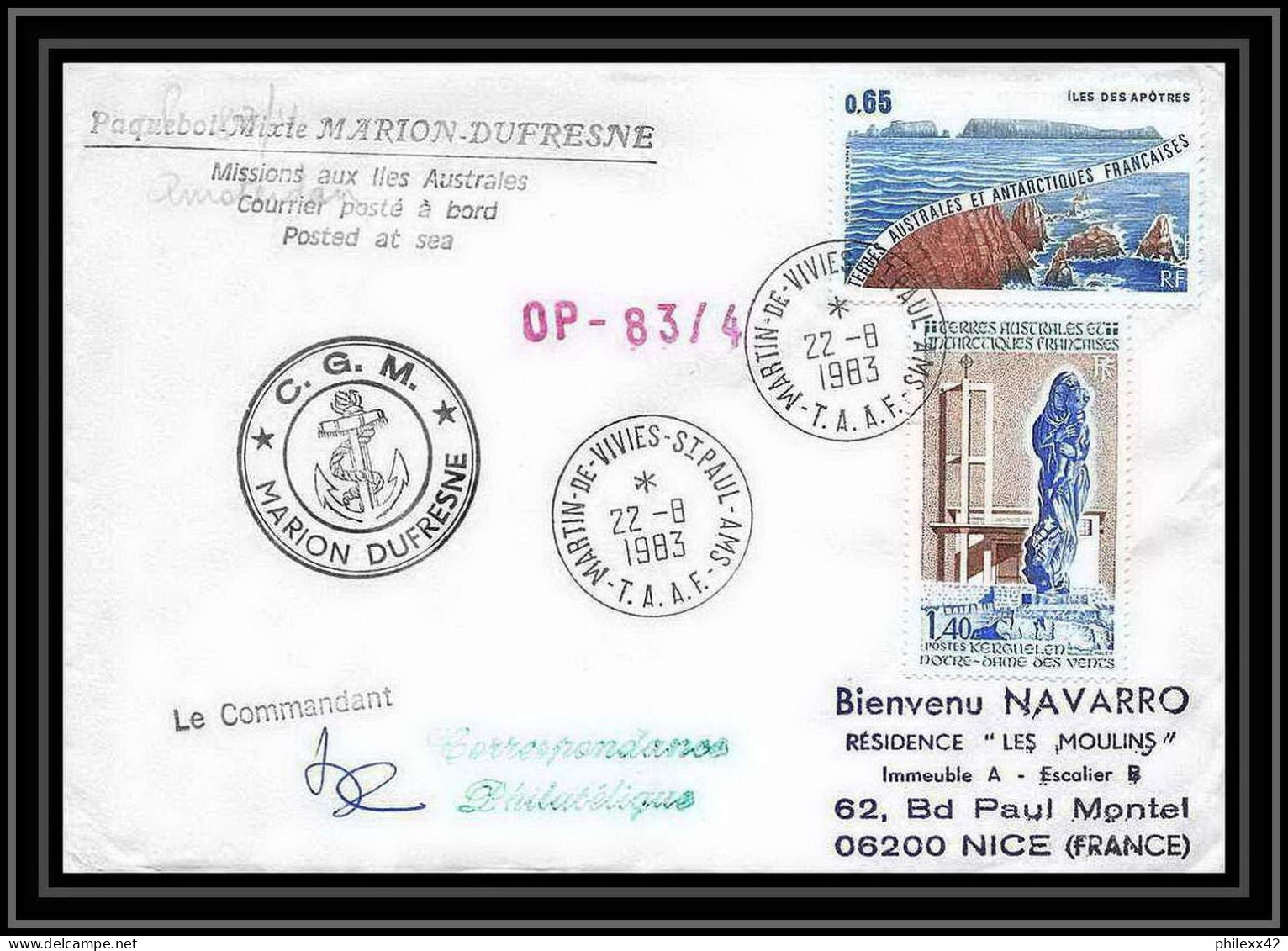 1361 Marion Dufresne Signé Signed Opération 83/4 22/8/1983 TAAF Antarctic Terres Australes Lettre (cover) - Antarctic Expeditions