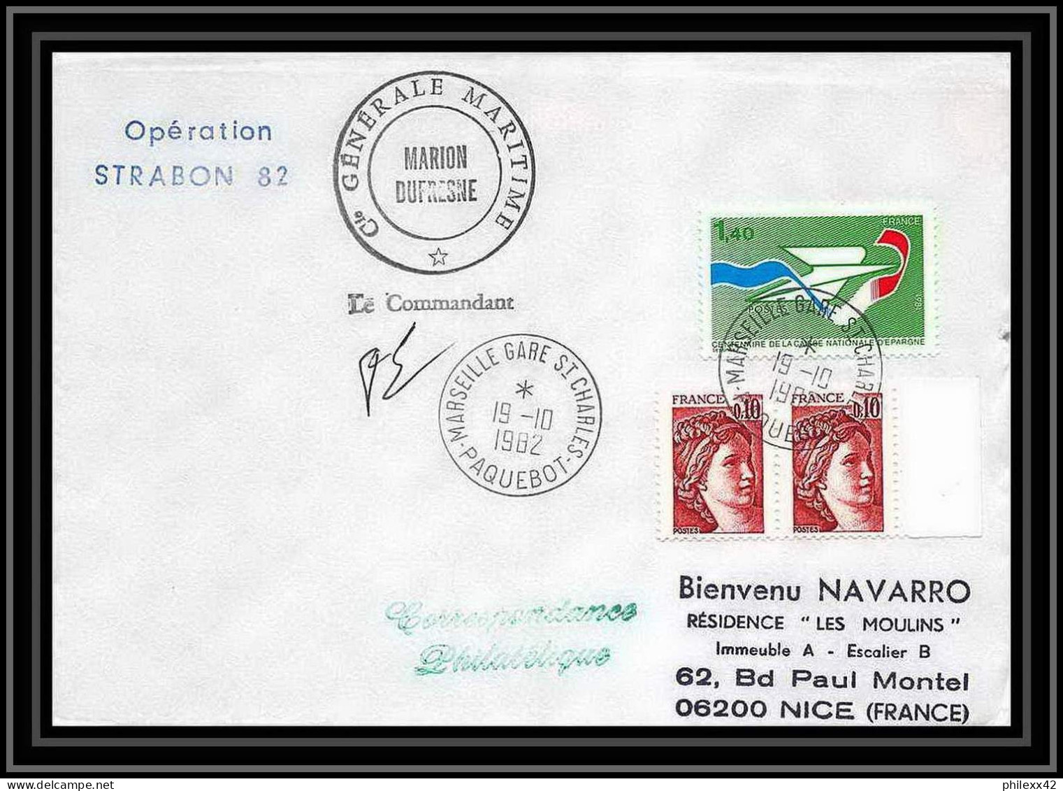 1355 Opération Strabon 82 Marion Dufresne Signé Signed 19/10/1982 TAAF Antarctic Terres Australes Lettre (cover) - Antarctic Expeditions