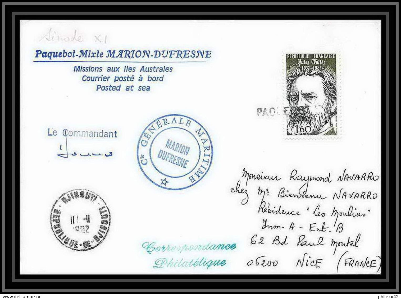1349 Campagne Sinode 11 Marion Dufresne 11/11/1982 Obl Paquebot Signé Signed TAAF Antarctic Terres Australes Lettre (cov - Spedizioni Antartiche