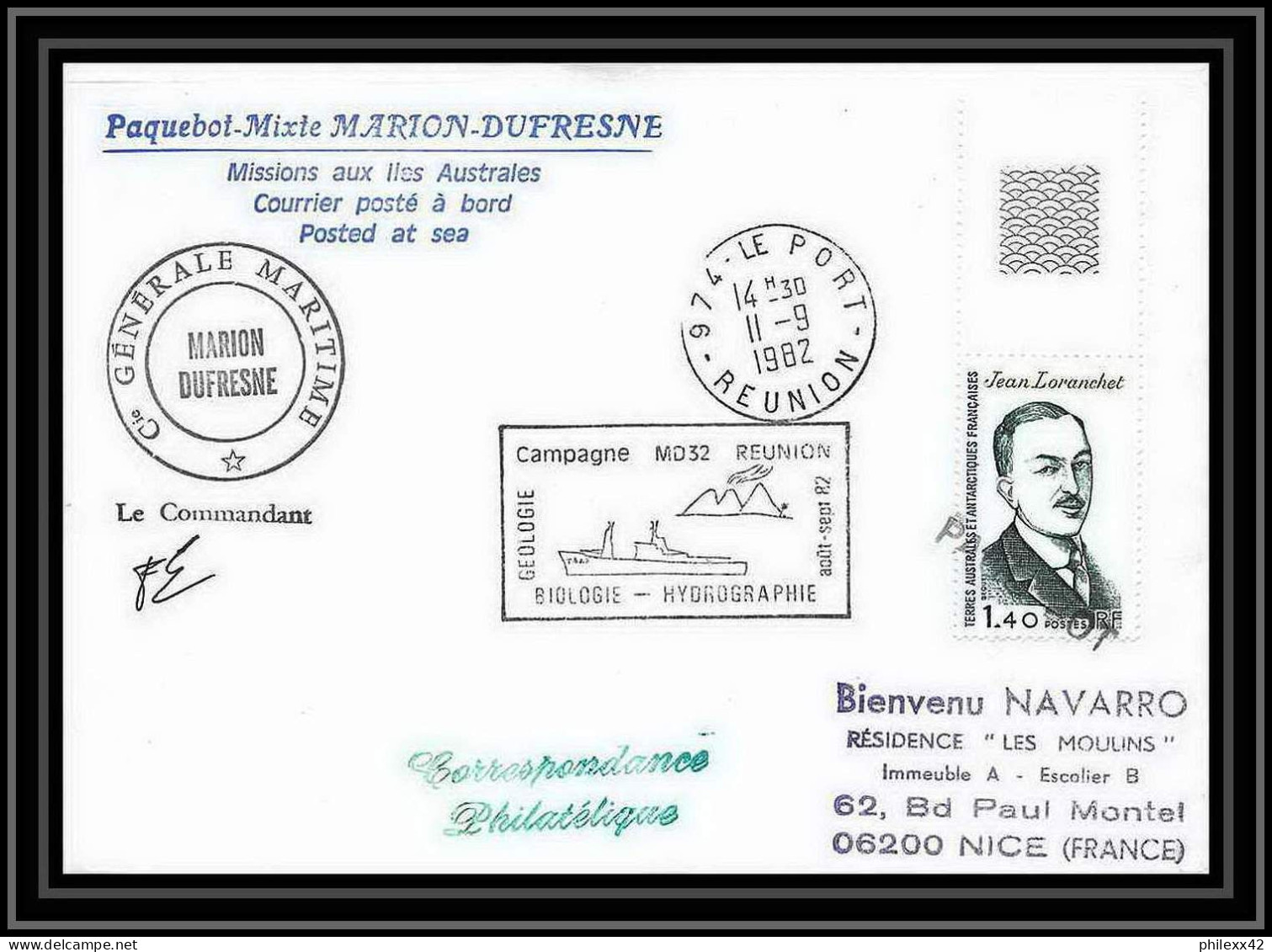 1342 Marion Dufresne Campagne Md 32 Reunion 11/9/1989 Signé Signed TAAF Antarctic Terres Australes Lettre (cover) - Antarctic Expeditions
