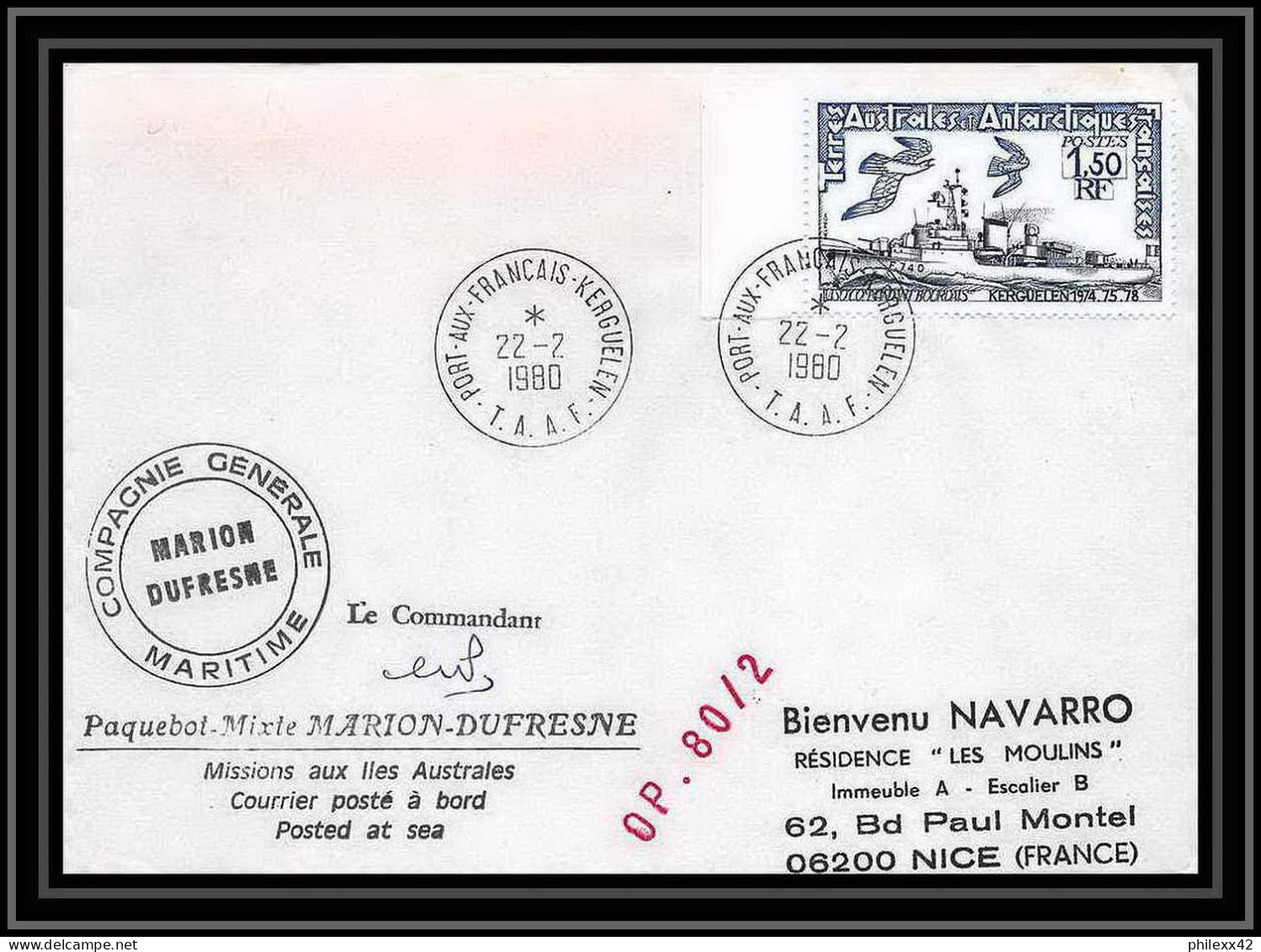 1329 Marion Dufresne 22/2/1980 TAAF Antarctic Terres Australes Lettre (cover) - Spedizioni Antartiche