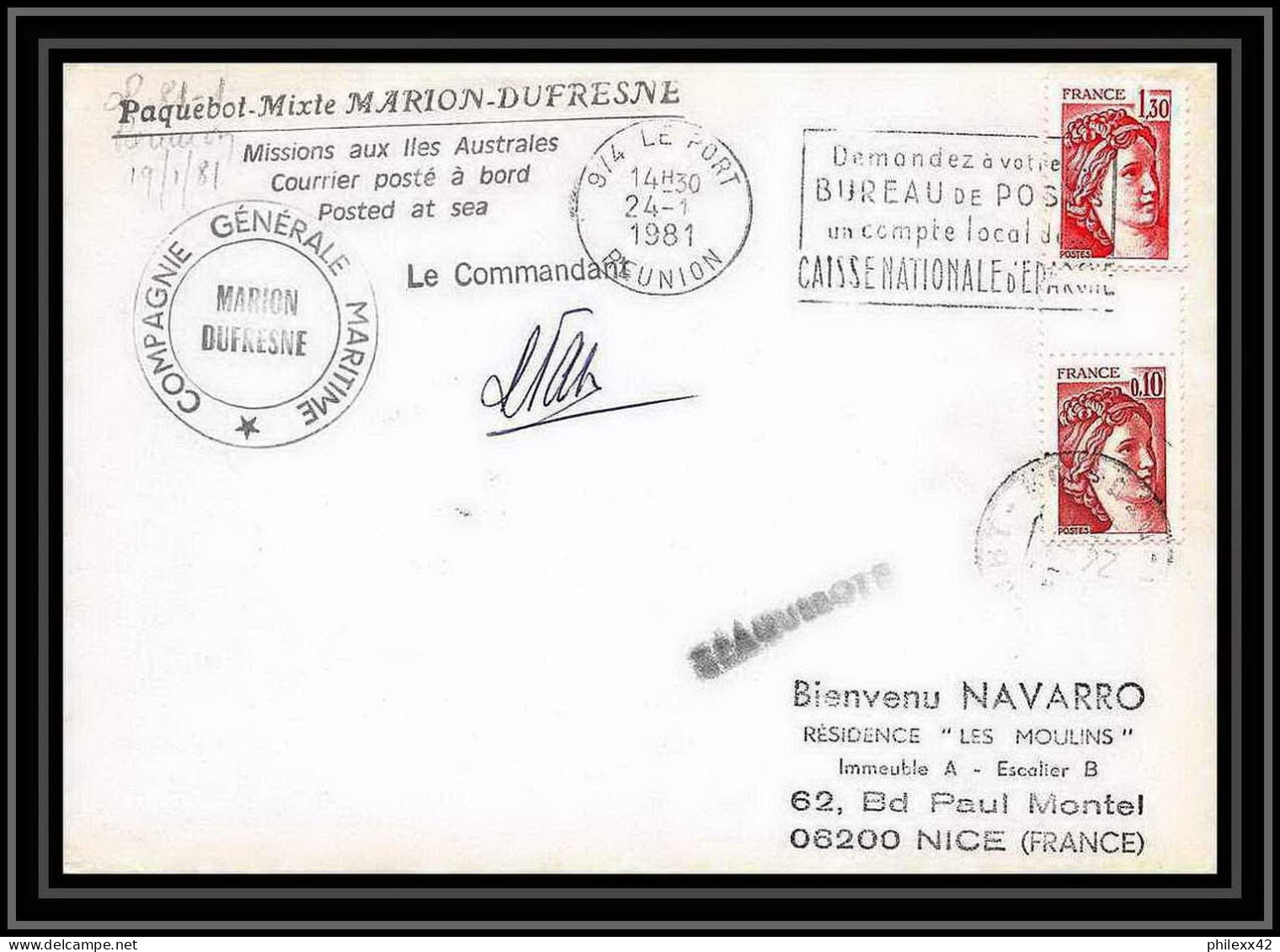1311 Marion Dufresne La Reunion 24/1/1981 Signé Signed TAAF Antarctic Terres Australes Lettre (cover) - Antarctic Expeditions