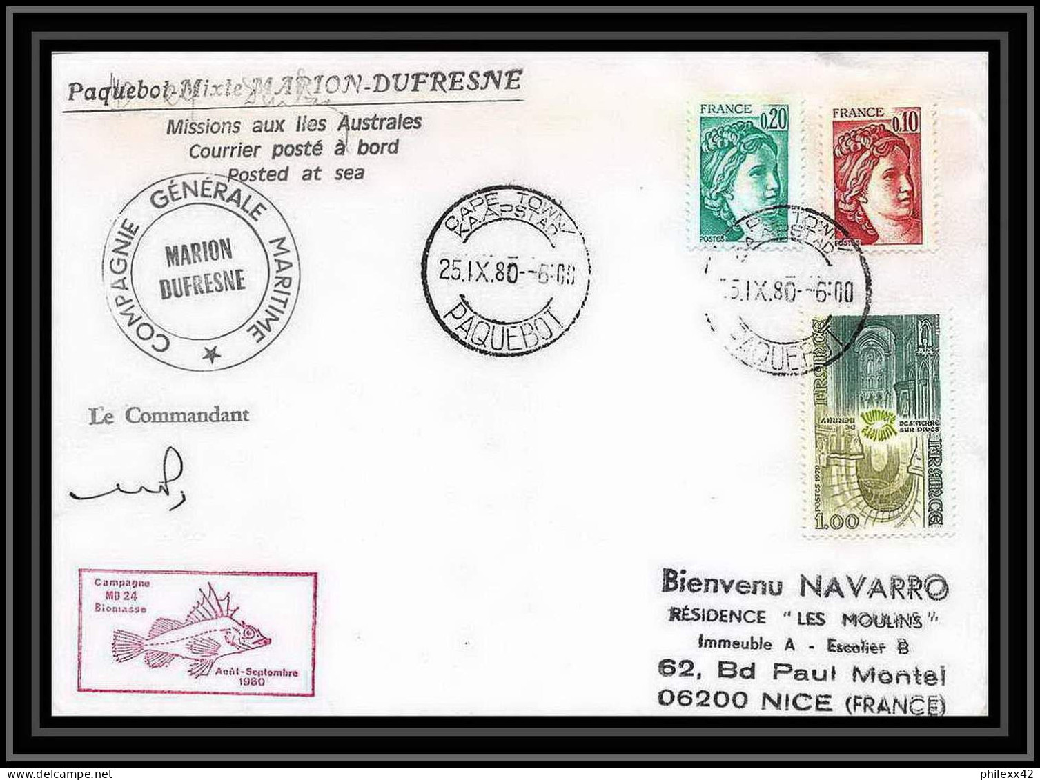 1285 Marion Dufresne Campagne MD 24 Biomasse Signé Signed 25/11/1980 TAAF Antarctic Terres Australes Lettre (cover) - Covers & Documents