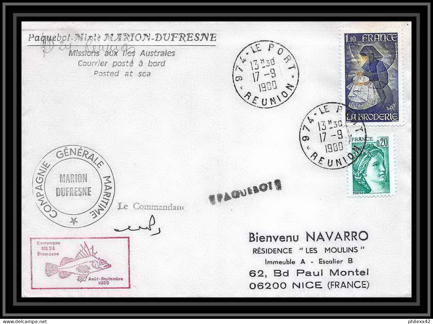 1284 Marion Dufresne Campagne MD 24 Biomasse Signé Signed 17/09/1980 TAAF Antarctic Terres Australes Lettre (cover) - Spedizioni Antartiche