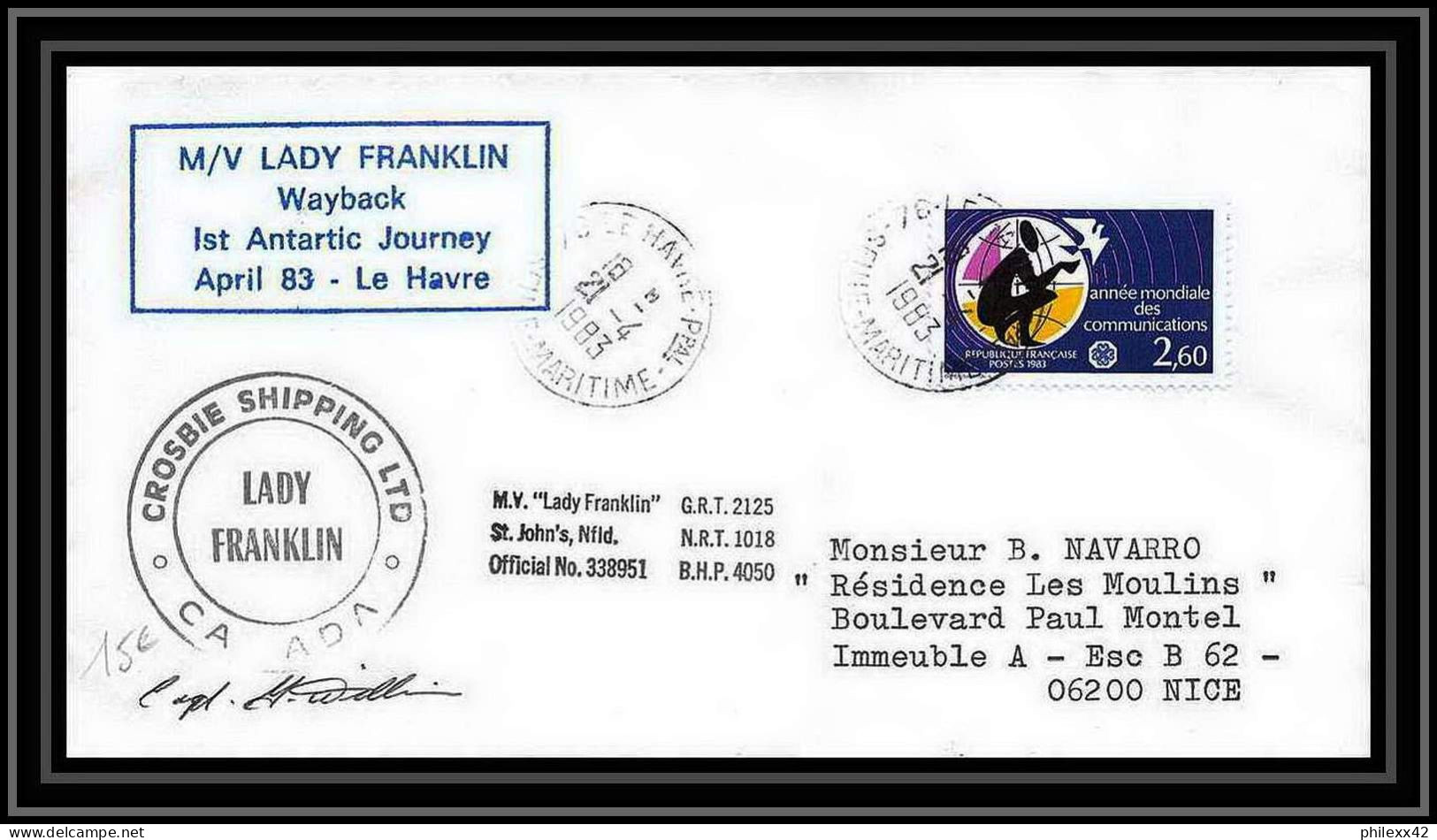 1233 Lady Franklin Wayback 21/4/1983 TAAF Antarctic Terres Australes Lettre (cover) Signé Signed - Briefe U. Dokumente