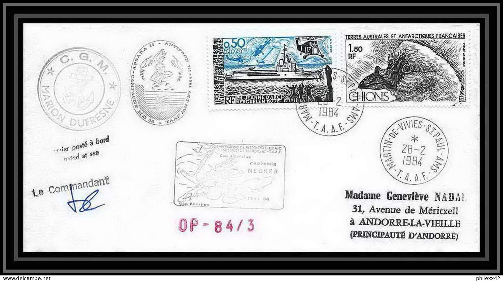 1225 Campagne Neoker 28/2/1984 Marion Dufresne TAAF Antarctic Terres Australes Lettre (cover) Signé Signed - Covers & Documents