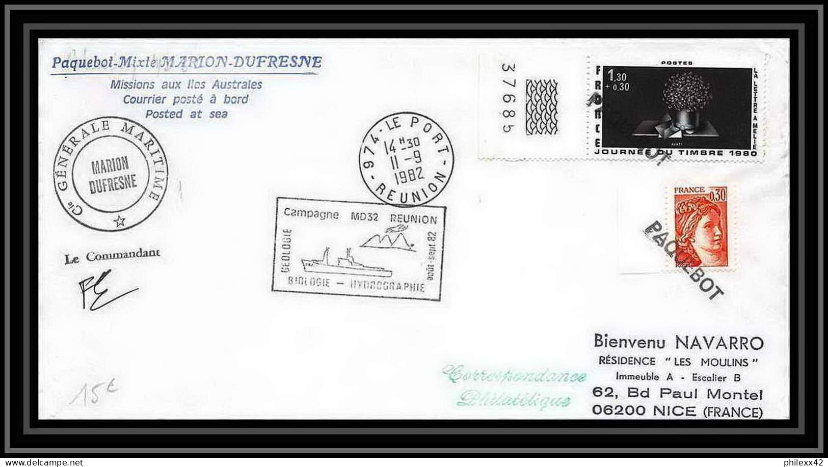 1220 Campagne Md32 Reunion Marion Dufresne Obl Paquebot 1982 TAAF Antarctic Terres Australes Lettre (cover) Signé Signed - Storia Postale