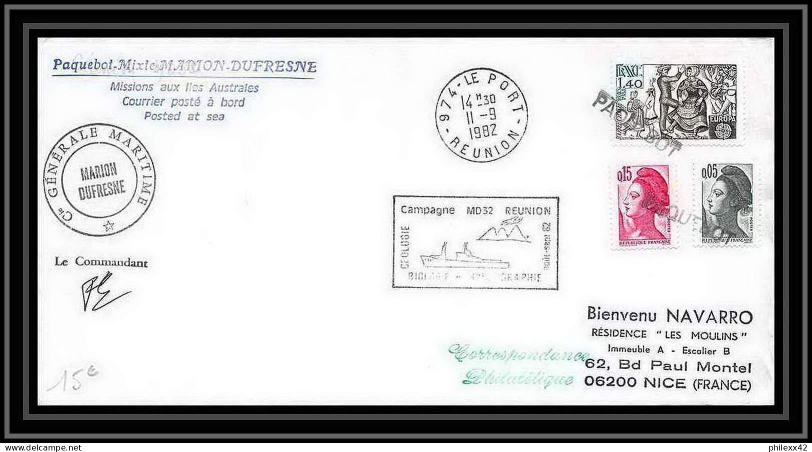 1221 Campagne Md32 Reunion Marion Dufresne Obl Paquebot 1982 TAAF Antarctic Terres Australes Lettre (cover) Signé Signed - Storia Postale