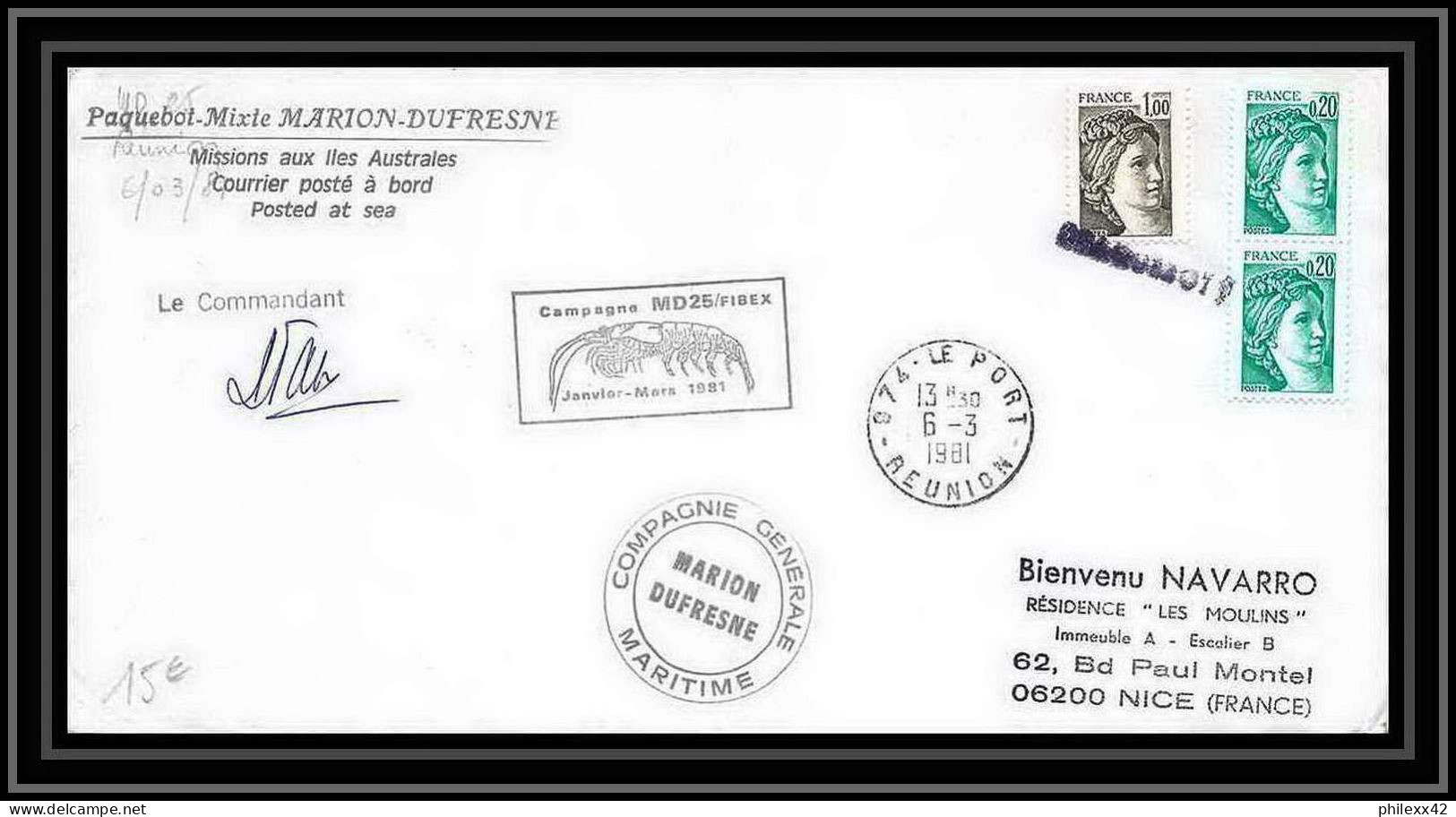 1207 Paquebot Marion Dufresne Md25 Fibex 6/3/1981 TAAF Antarctic Terres Australes Lettre (cover) Signé Signed - Storia Postale
