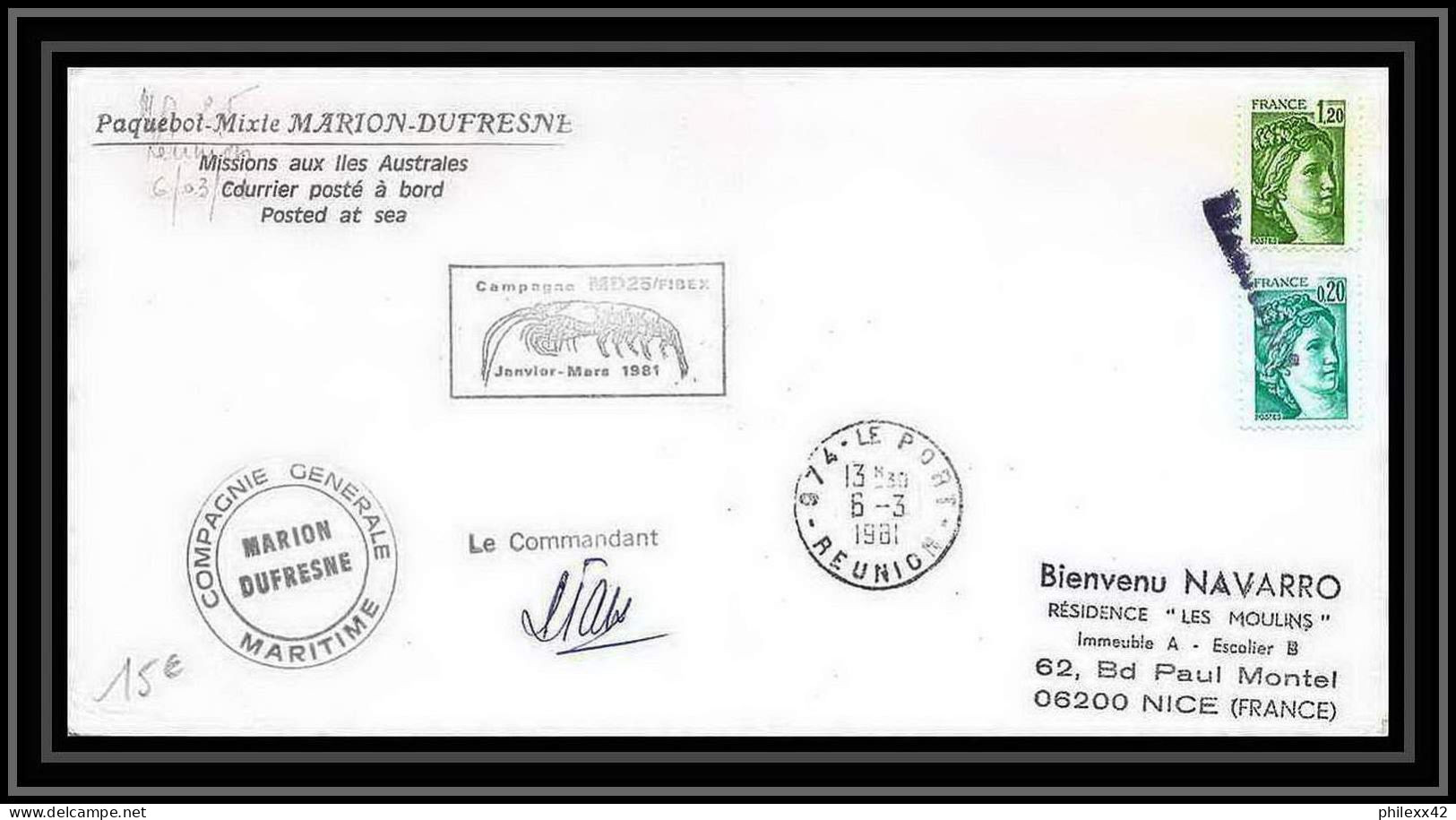 1210 Paquebot Marion Dufresne Md25 Fibex 6/3/1981 TAAF Antarctic Terres Australes Lettre (cover) Signé Signed - Cartas & Documentos