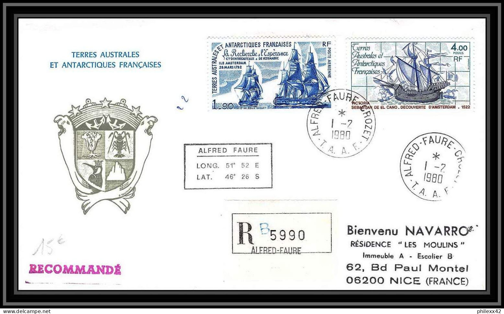 1200 1/2/1980 Port Aux Francais Kerguelen Bateau (boat-SHIP) TAAF Antarctic Terres Australes Lettre (cover) Recommandé - Briefe U. Dokumente
