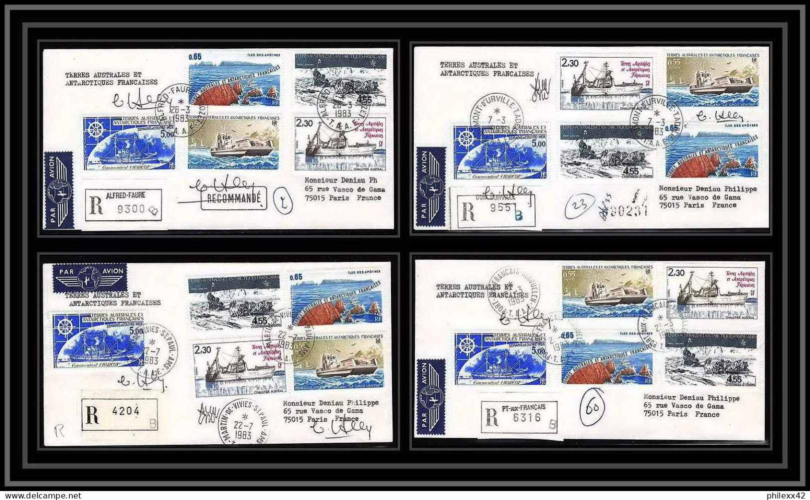 1185 Lot 4 Lettres Cad Différents Taaf Terres Australes Antarctic Covers Bateau (bateaux Ship) Signé Signe Recommandé - Storia Postale