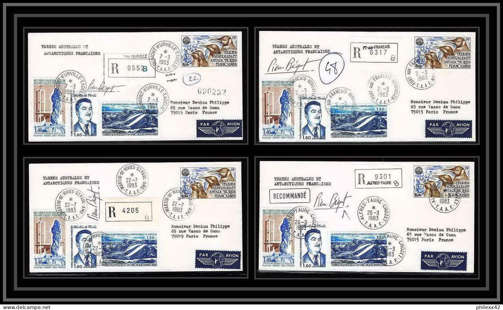 1186 Lot 4 Lettres Cad Différents Taaf Terres Australes Antarctic Covers PHILEXFRANCE 82 Signé Signed BEQUET Recommandé - Storia Postale