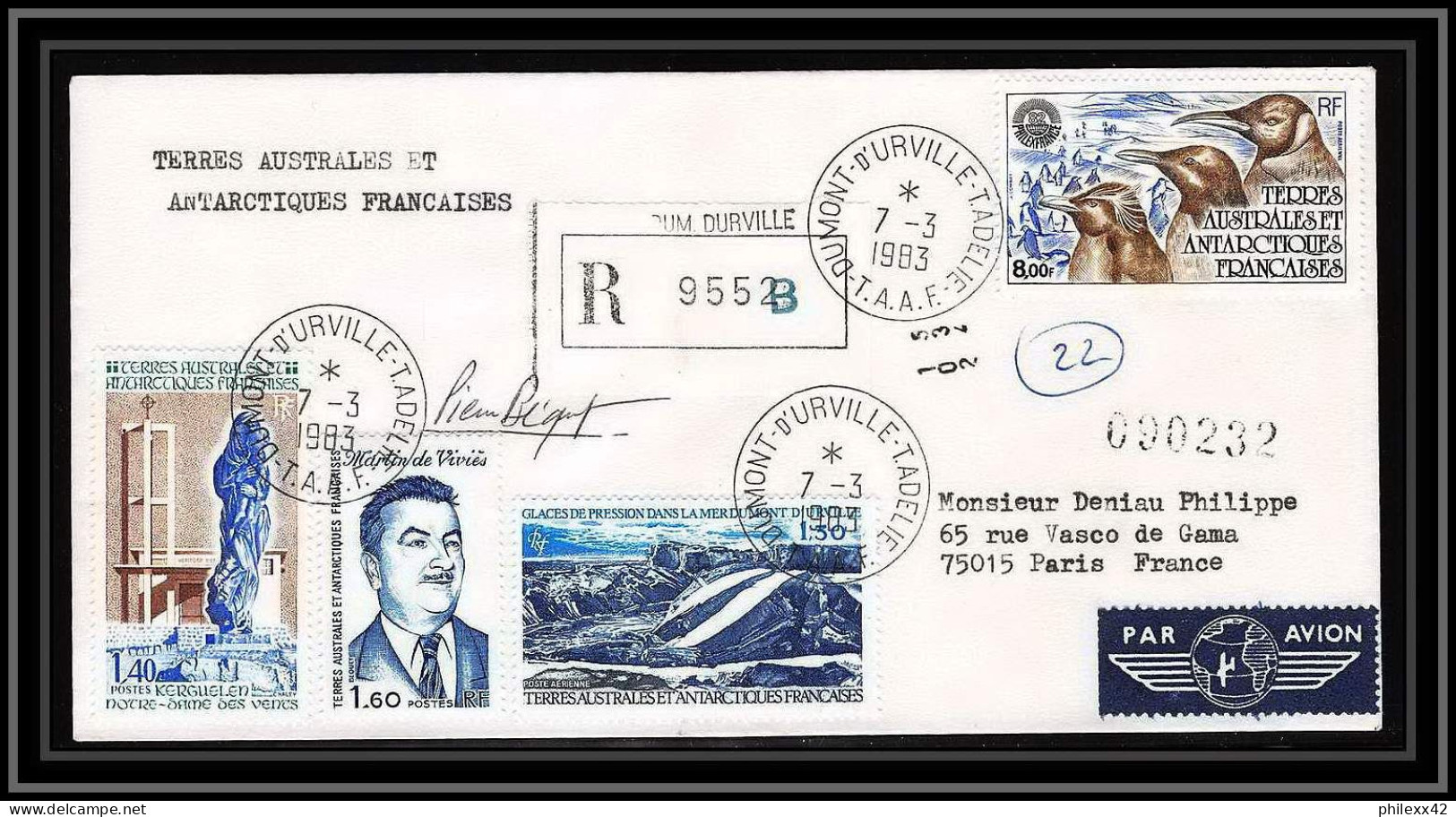 1186 Lot 4 Lettres Cad Différents Taaf Terres Australes Antarctic Covers PHILEXFRANCE 82 Signé Signed BEQUET Recommandé - Storia Postale