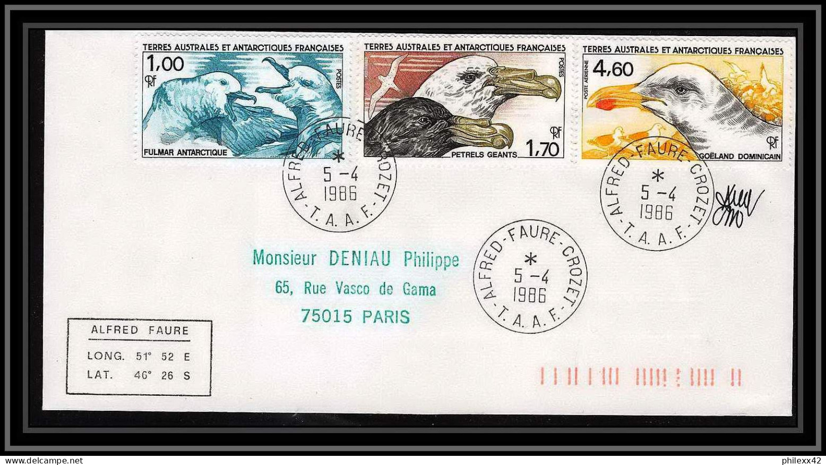 1176 Lot De 4 Lettres Cad Différents Taaf Terres Australes Antarctic Covers Oiseaux (birds) Signé Signed 1986 Recommandé - Storia Postale