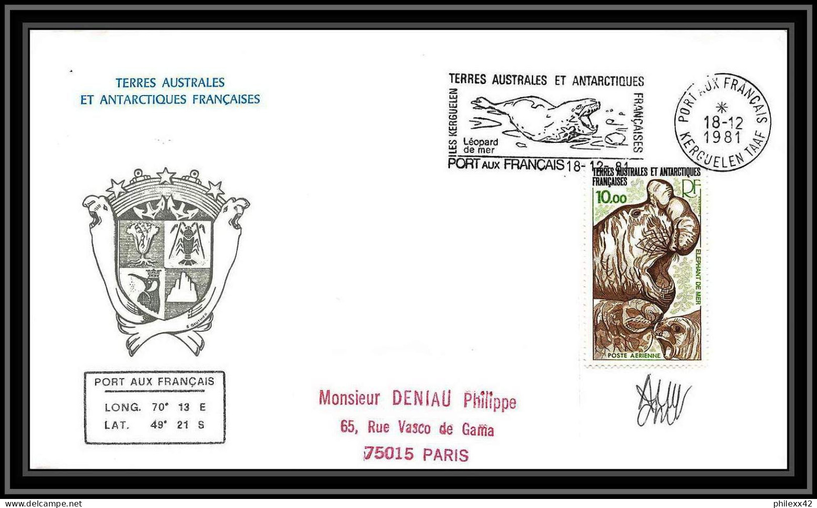1187 4 Lettres Cad Différents Taaf Terres Australes Antarctic Covers Sea Elephant De Mer Signé Signed 1981 Recommandé - Storia Postale