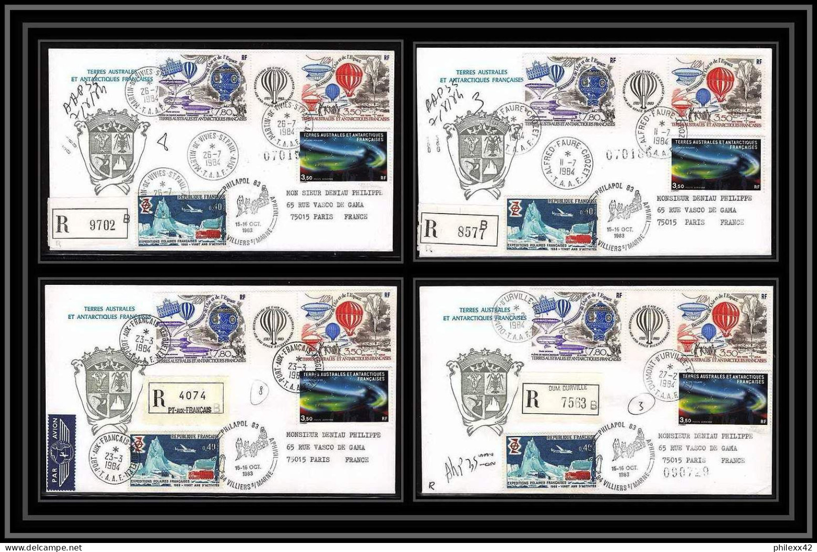 1182 Lot 4 Lettres Cad Différents Taaf Terres Australes Antarctic Covers 83 A BALLON MONTGOLFIERE 1983 Recommandé - Airships