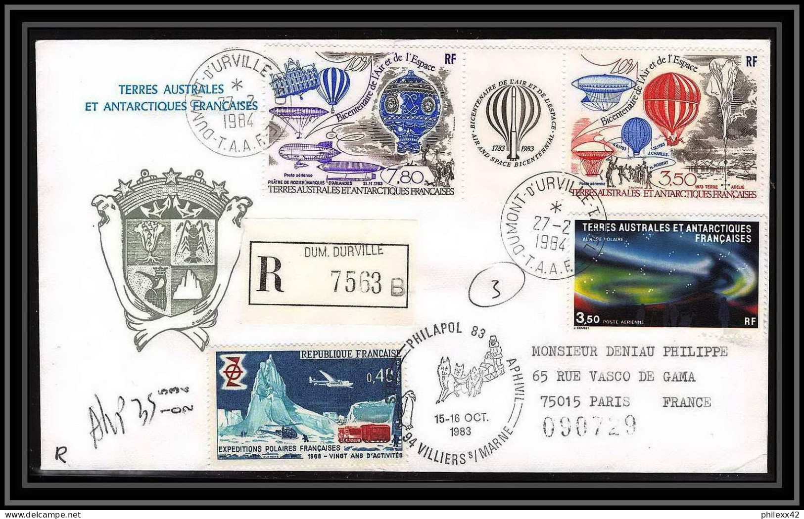 1182 Lot 4 Lettres Cad Différents Taaf Terres Australes Antarctic Covers 83 A BALLON MONTGOLFIERE 1983 Recommandé - Montgolfières