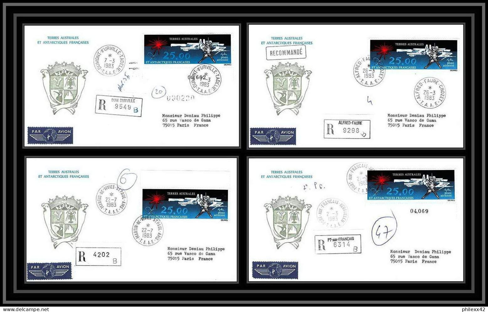 1184 Lot De 4 Lettres Avec Cad Différents Taaf Terres Australes Antarctic Covers N° 78 1983 Recommandé - Cartas & Documentos